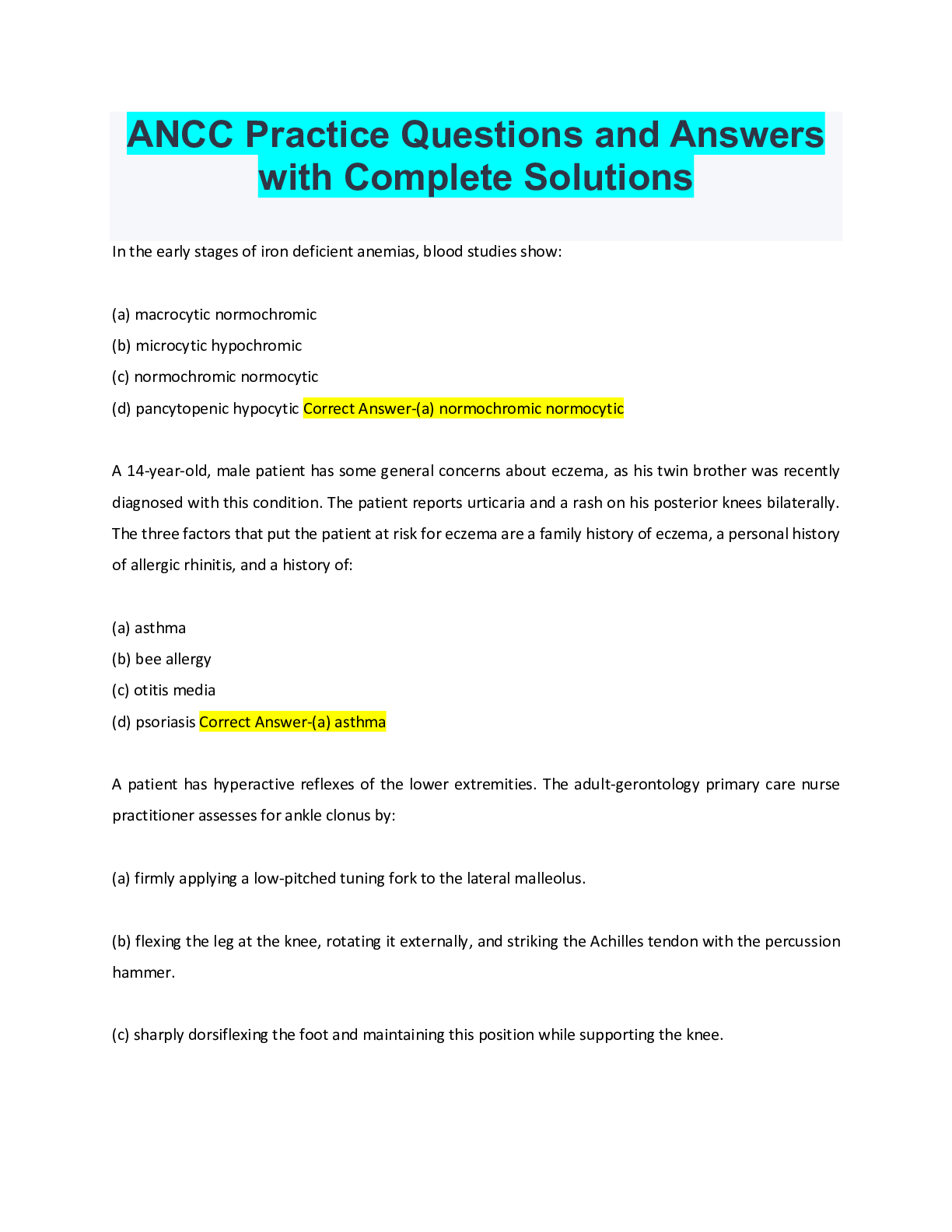 Preview image for ANCC Practice Questions and Answers with Complete Solutions